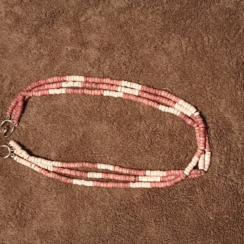 Vintage 80s 3 Strand Wooden Bown and Beige Necklace